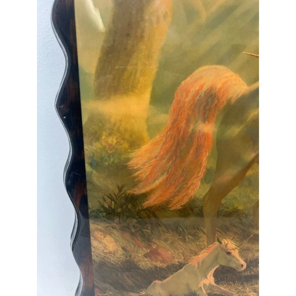 Vintage Wood Lacquer Unicorn Wall Plaque Art Mother & Child Scalloped Wood Sign